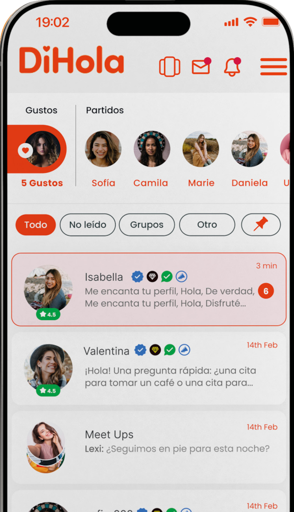 Bandeja de DiHola con likes, matches y conversaciones