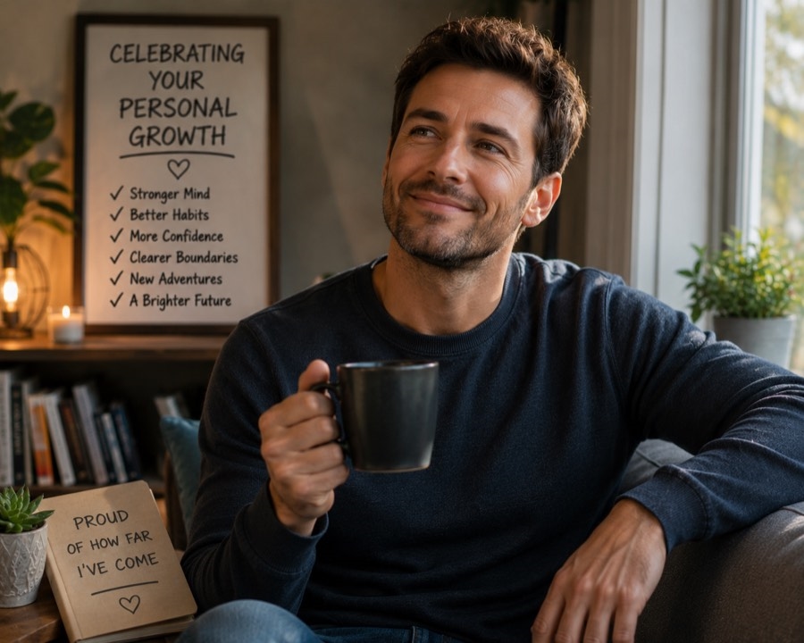 A man sits on his sofa holding a mug, smiling thoughtfully, beside a notebook reading 'proud of how far I've come' and a framed poster listing personal growth milestones including stronger mind, better habits, and more confidence