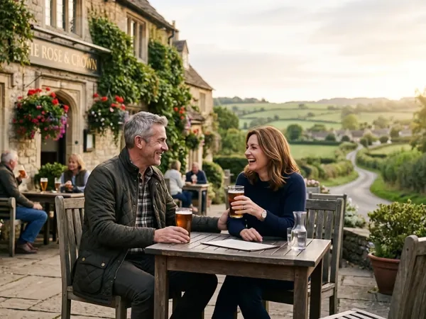 A couple talking over a meal at a country pub table