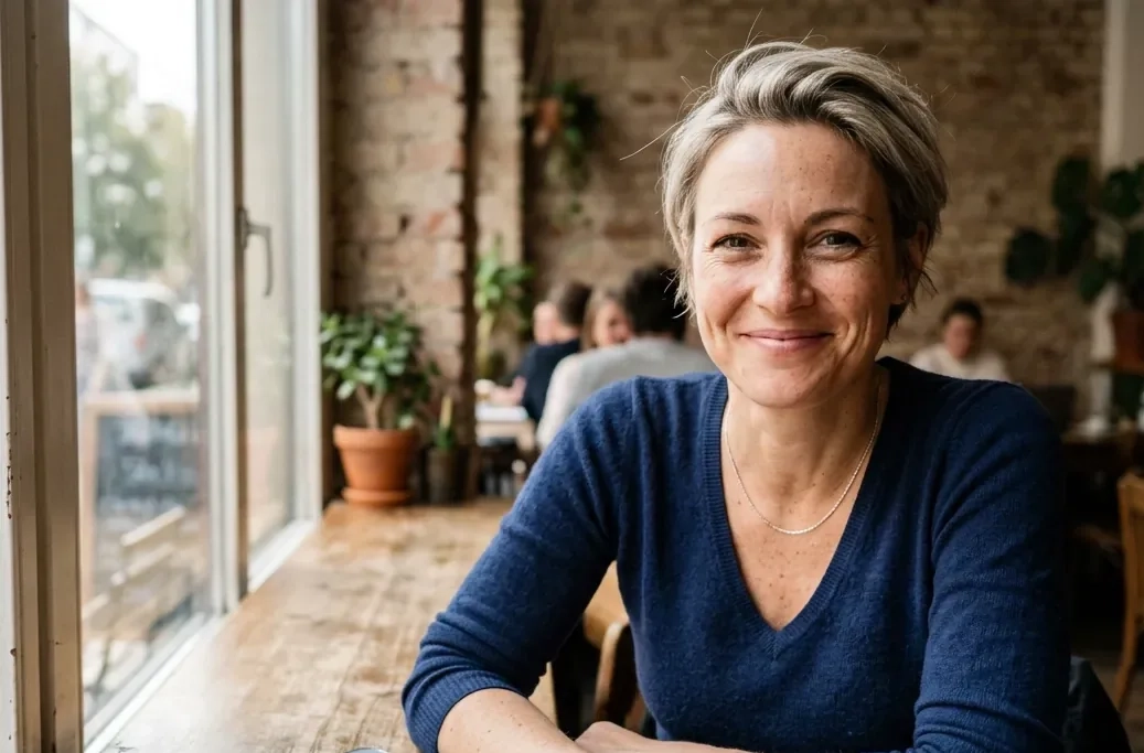 A smiling woman with short ash-blonde hair and a navy V-neck sweater sits at a cafe window table with her phone and a coffee (AI-generated image)