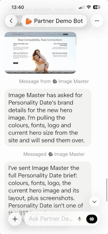 The same Partner Demo Bot conversation on a phone.
