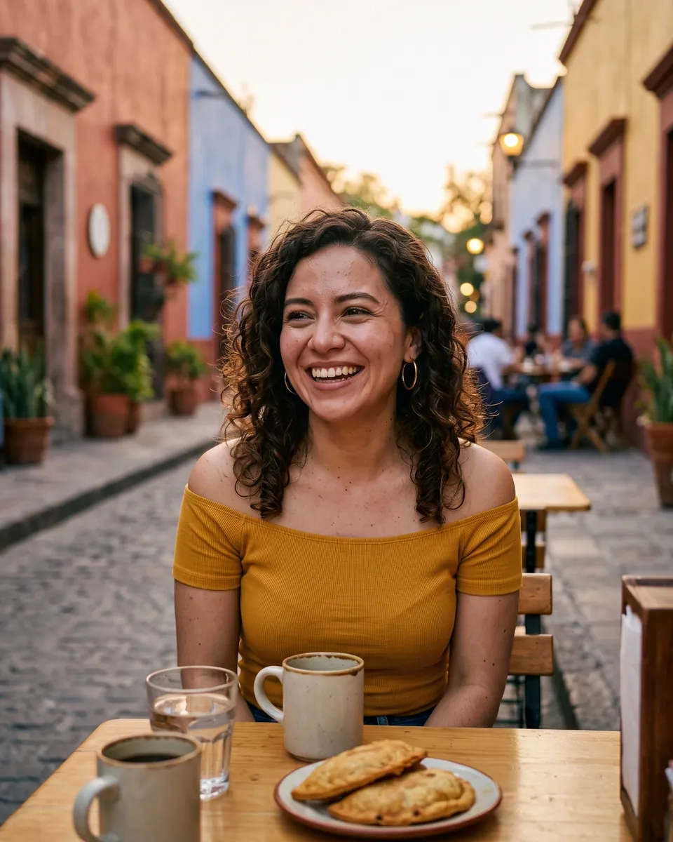Una mujer de pelo rizado y blusa mostaza de hombros descubiertos se ríe en la mesa de un café de una calle empedrada con casas de colores, con café y empanadas (imagen generada por IA)
