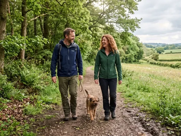 A couple walking a dog along a woodland track with fields opening out beyond