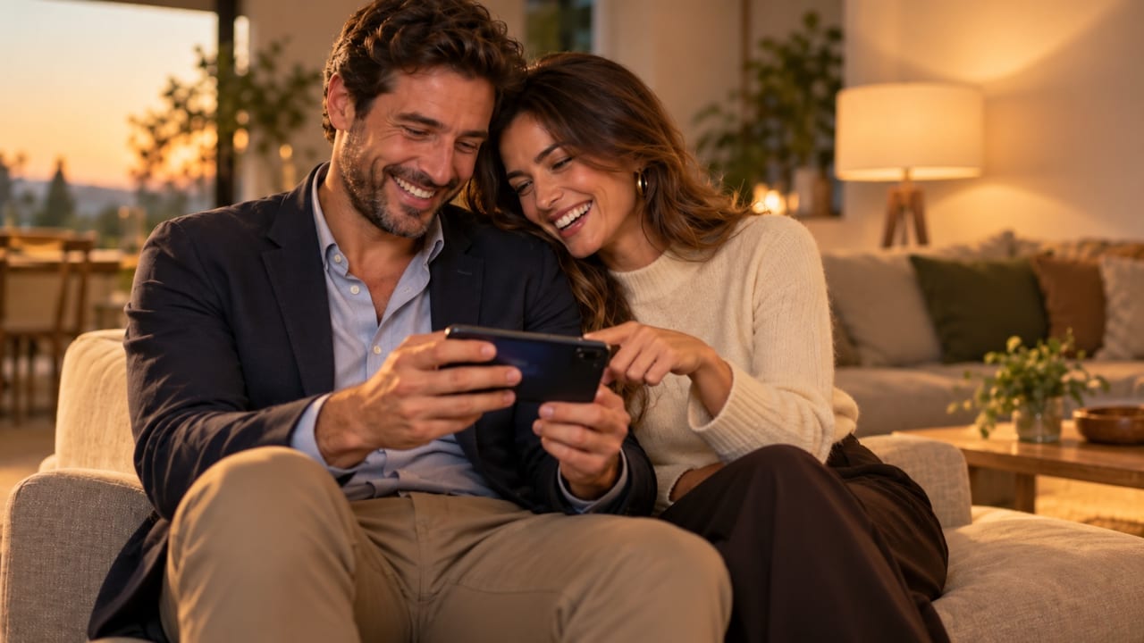 Una pareja sentada en el sofá de su casa al atardecer mira sonriendo la pantalla de un móvil que sostienen entre los dos