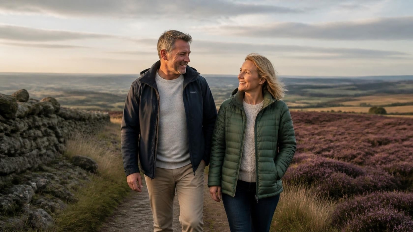 A man and woman walking and talking along a path across heather moorland