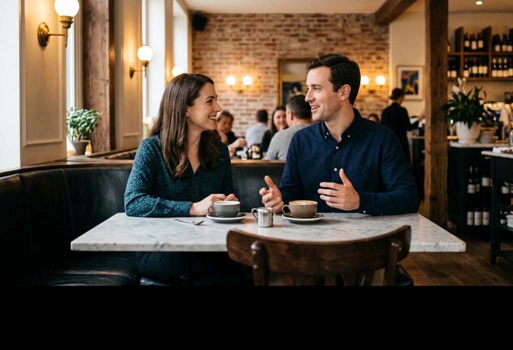 A well-dressed couple having coffee and deep conversation at an upscale cafe