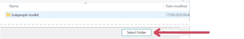 The folder picker with hubpeople-toolkit selected and the Select Folder button.