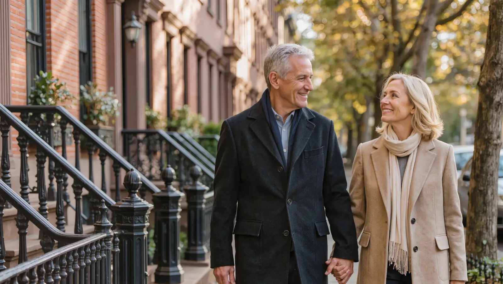 A smiling couple in their late 50s in smart coats walking hand in hand past brownstones on a tree-lined New York street in autumn
