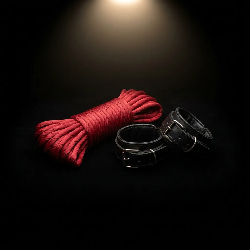 Red bondage rope and a pair of black leather cuffs under a spotlight