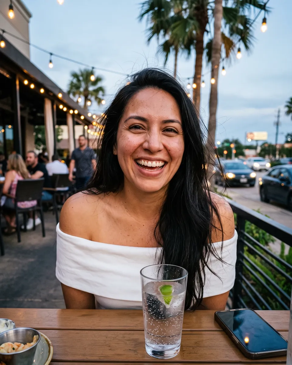 A woman with long dark hair and an off-the-shoulder white top laughs on a bar patio with string lights and palm trees in Houston on a warm evening (AI-generated image)