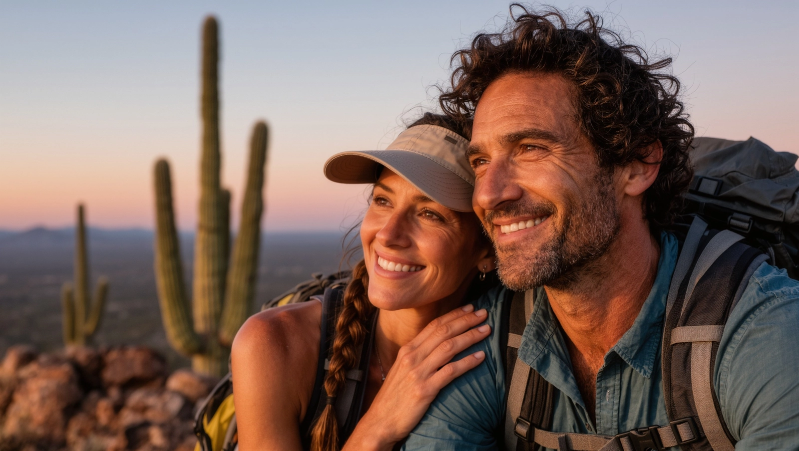 A smiling hiking couple close together on a desert summit at sunrise, saguaro cacti behind them