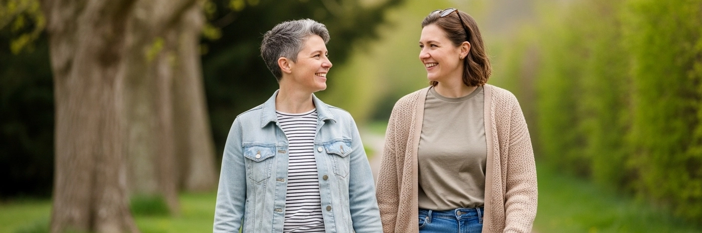 A joyful couple enjoying a romantic date in a picturesque Wiltshire location, symbolizing love and connection in the lesbian community.