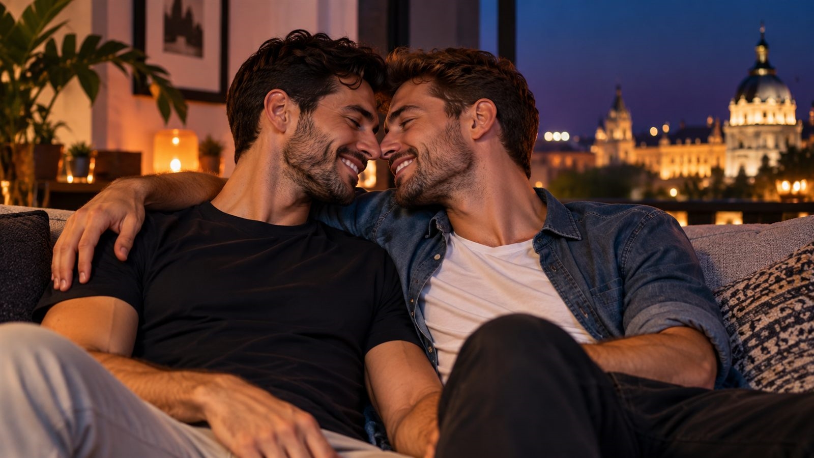 Dos hombres sonriendo abrazados en una azotea con Madrid de fondo al anochecer