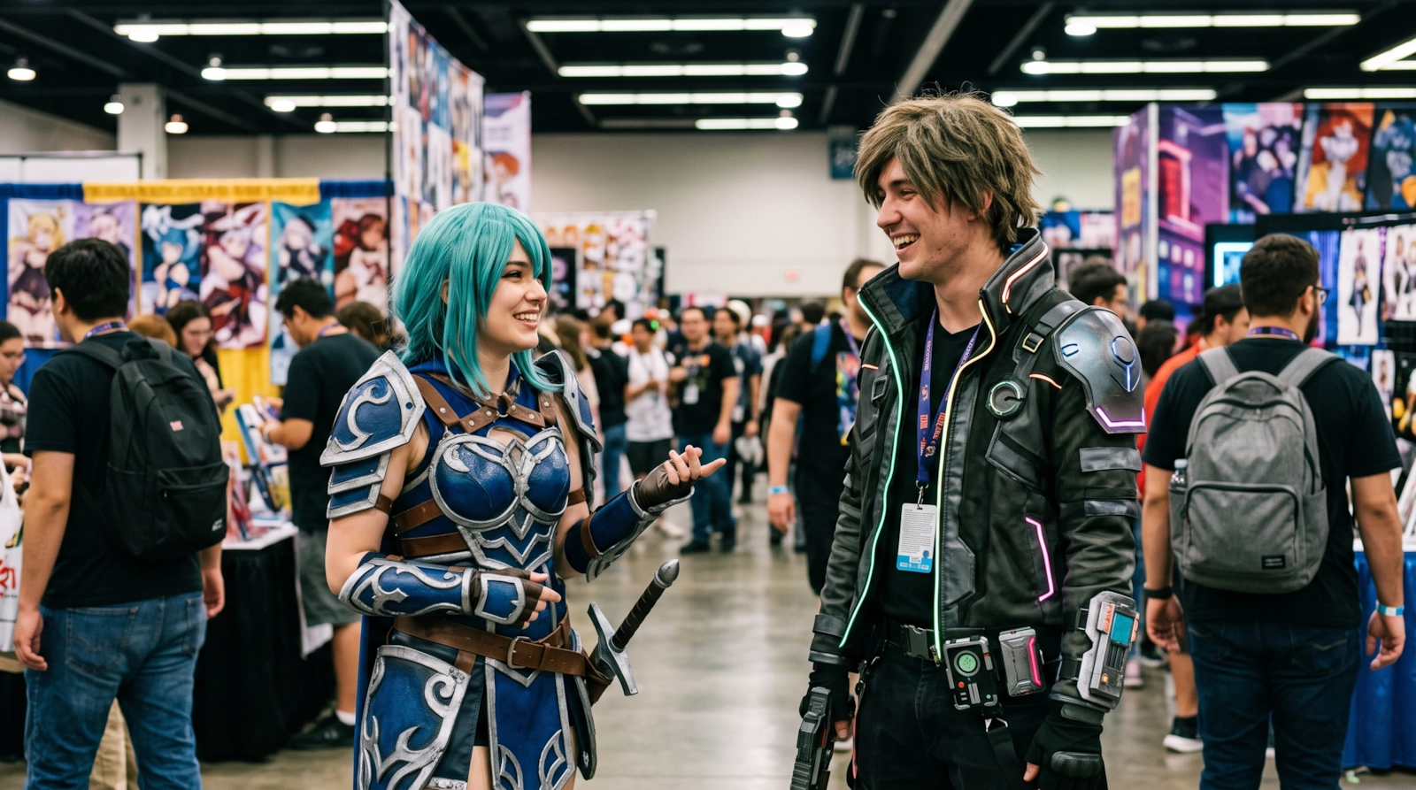 Two cosplayers in fantasy and sci-fi costumes chatting at a convention