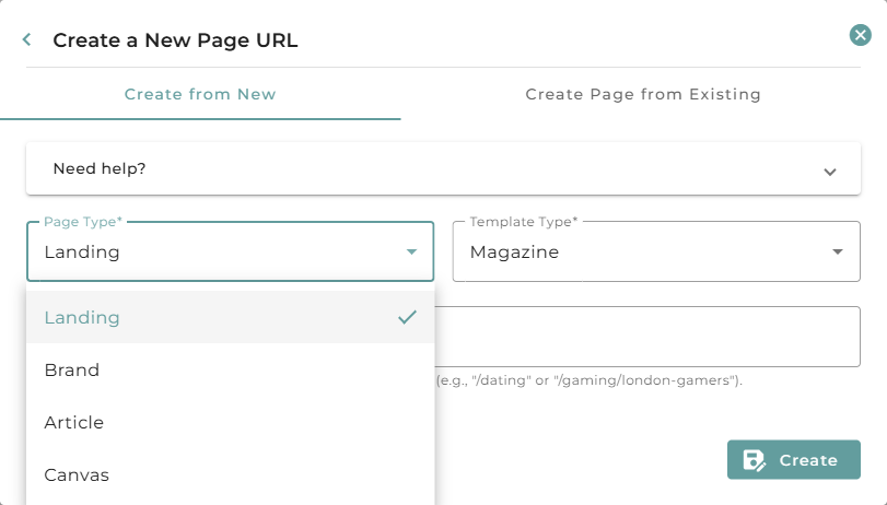 The Create a New Page dialog with the Page Type dropdown open, showing Landing, Brand, Article, and Canvas, and a Template Type dropdown alongside it.