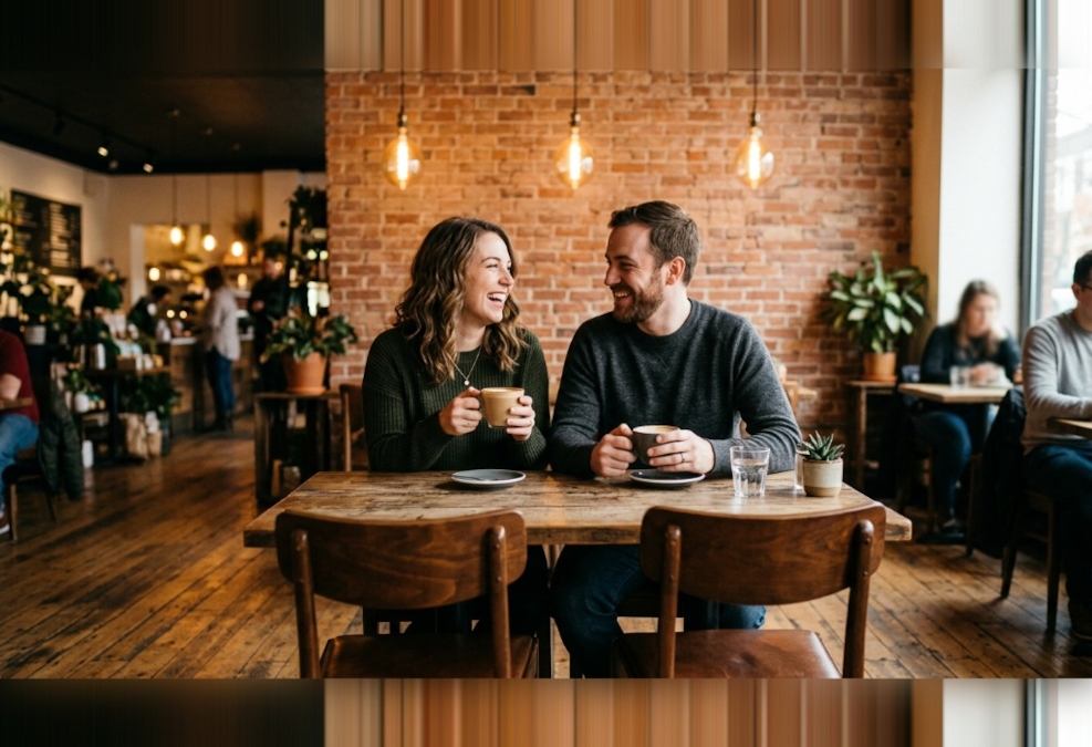 Person sitting alone at a cafe with a coffee, thoughtful expression