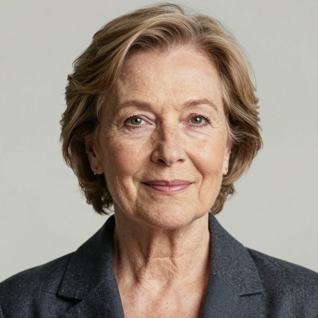 A close-up portrait of a woman with a warm, thoughtful expression