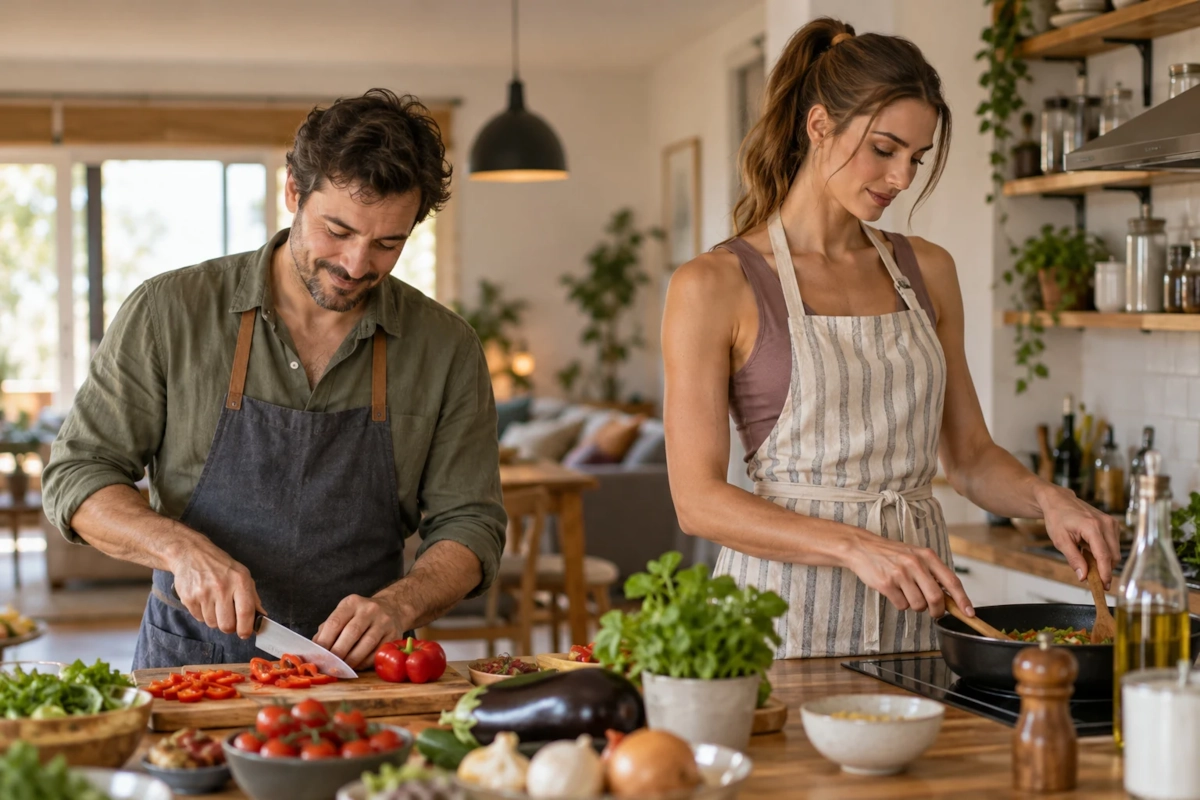 Pareja cocinando junta en casa repartiéndose las tareas con naturalidad