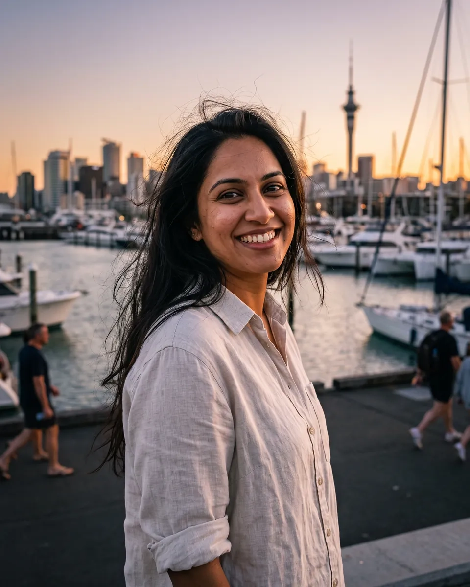 A smiling woman with windswept hair at the Wynyard Quarter marina in Auckland at sunset, Sky Tower behind (AI-generated image)
