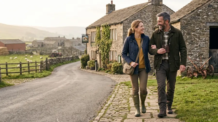 A couple walking arm in arm past a village pub on a cobbled lane