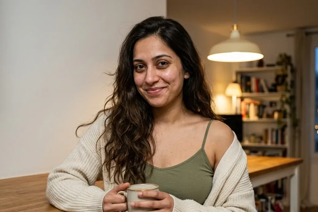 A smiling woman with long dark wavy hair, a green camisole and a cream cardigan slipping off one shoulder leans on her kitchen counter in the evening holding a mug of chai (AI-generated image)