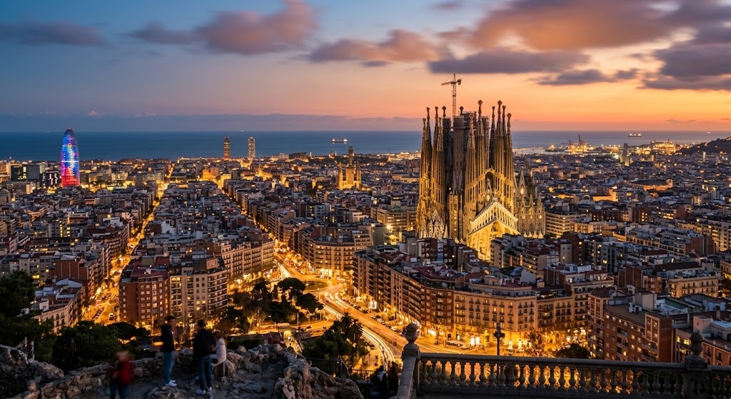 Vista de Barcelona al atardecer con la Sagrada Família y el mar