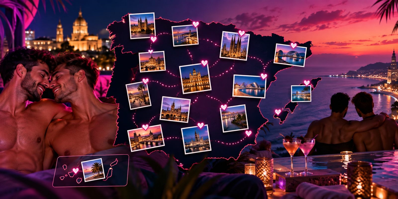 Mapa de España con las principales ciudades iluminadas y parejas gay al atardecer