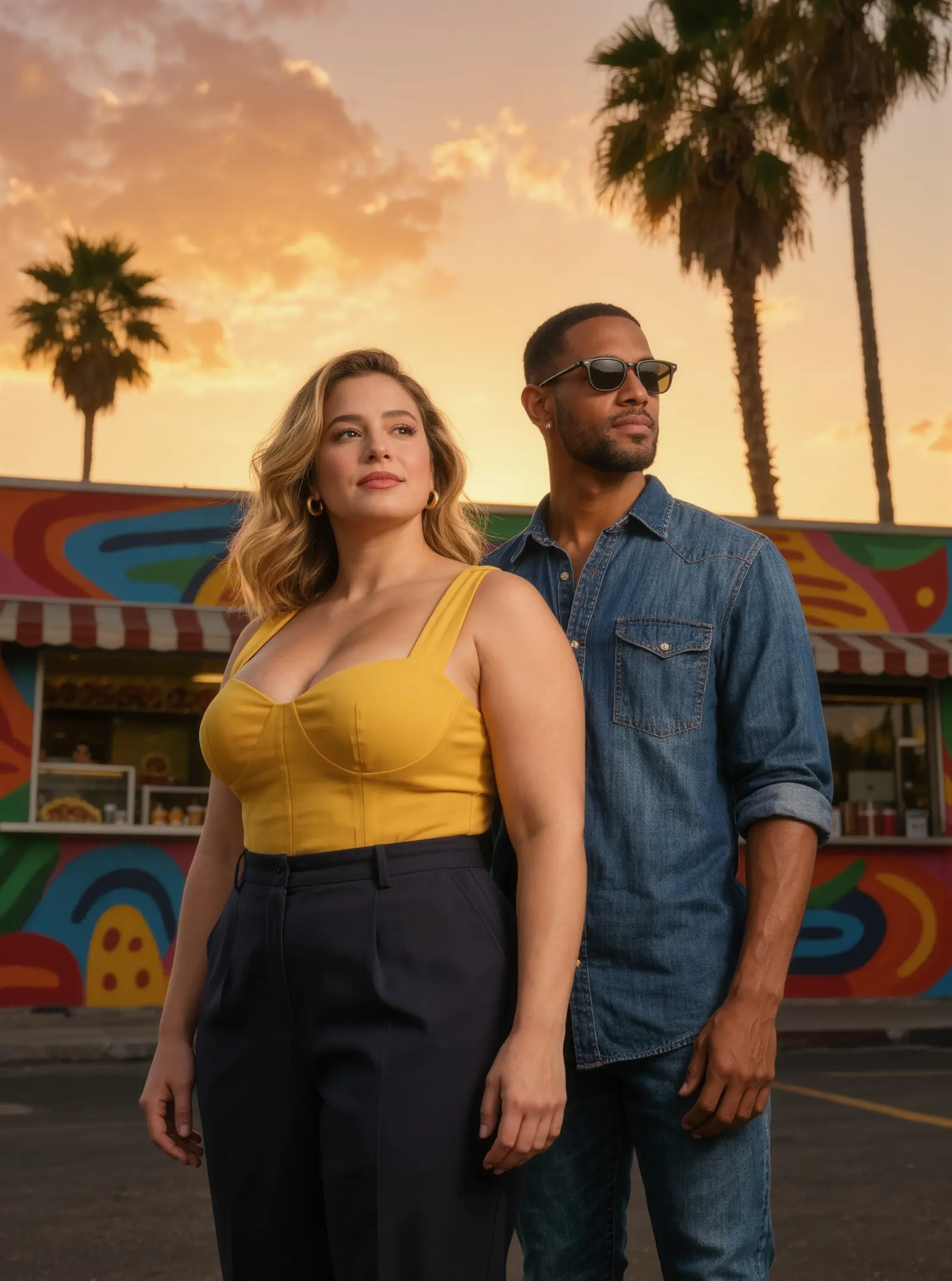 A woman in a yellow top and a man in sunglasses and a denim shirt standing in front of a colourful mural at a taco spot at sunset, palm trees behind them