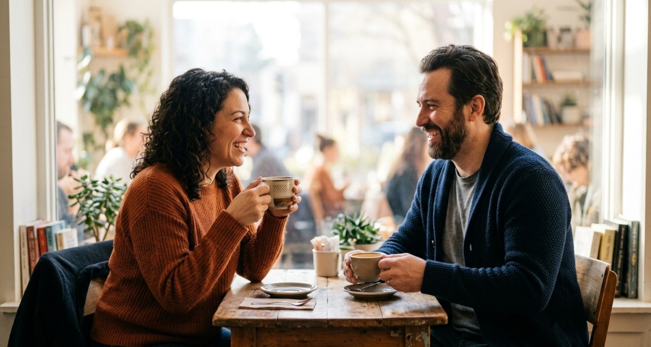 Two people talking and laughing over coffee, comparing sober dating options