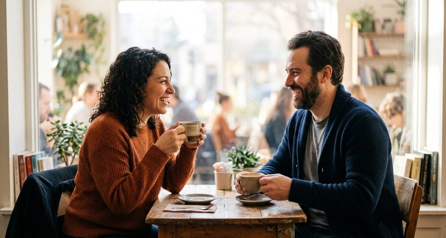 Two people talking and laughing over coffee, representing alcohol-free dating