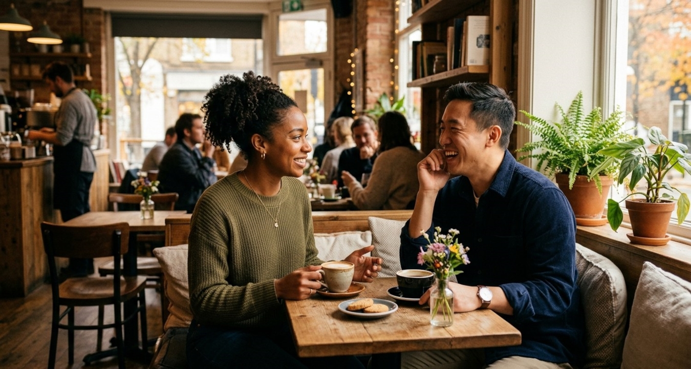 Two adults on a relaxed first date in a quiet cafe