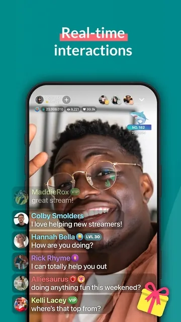 Tagged app screen showing a live stream with viewers chatting and sending gifts