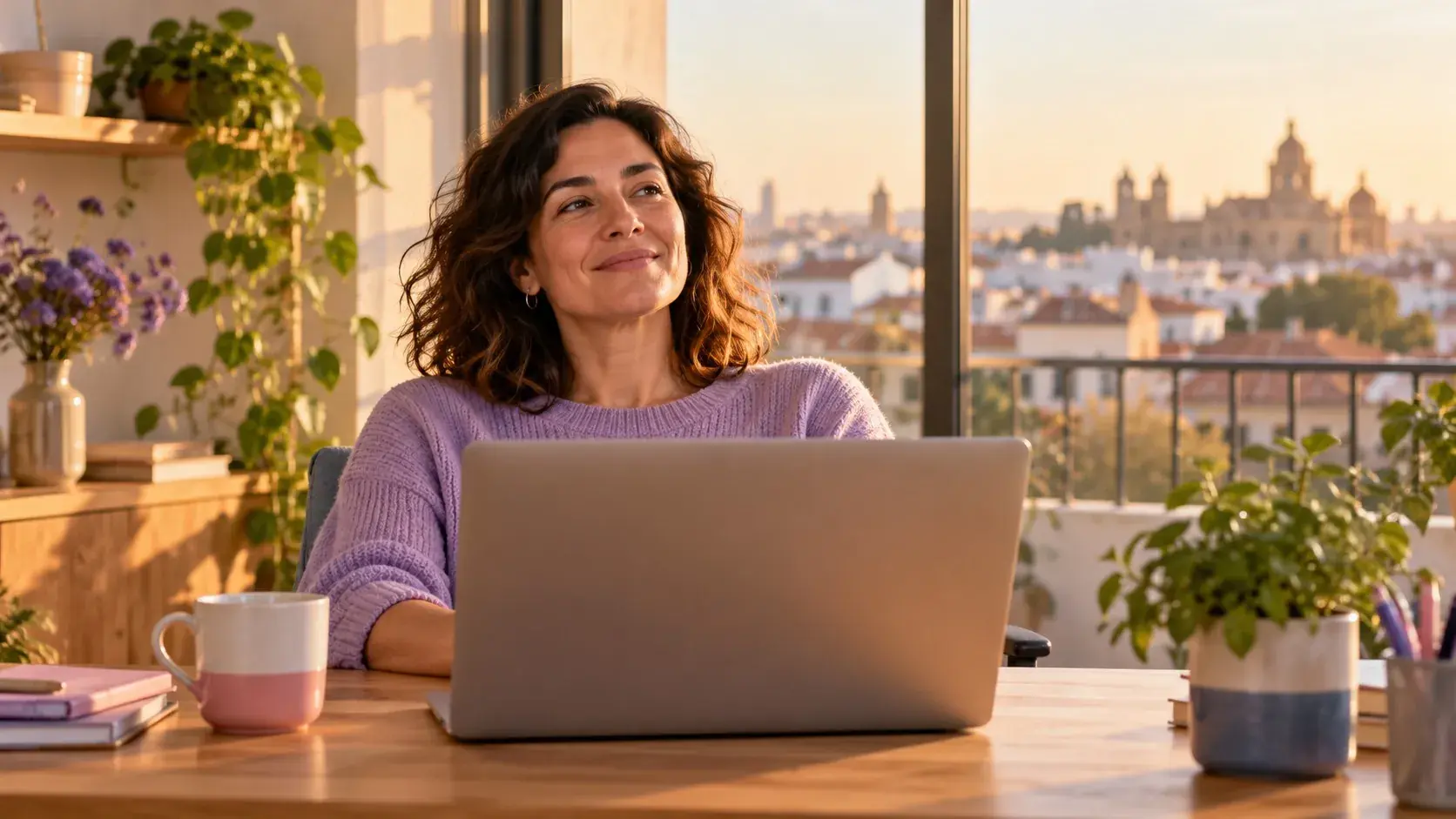 Persona sonríe serena frente a su portátil junto a una ventana con vistas a la ciudad