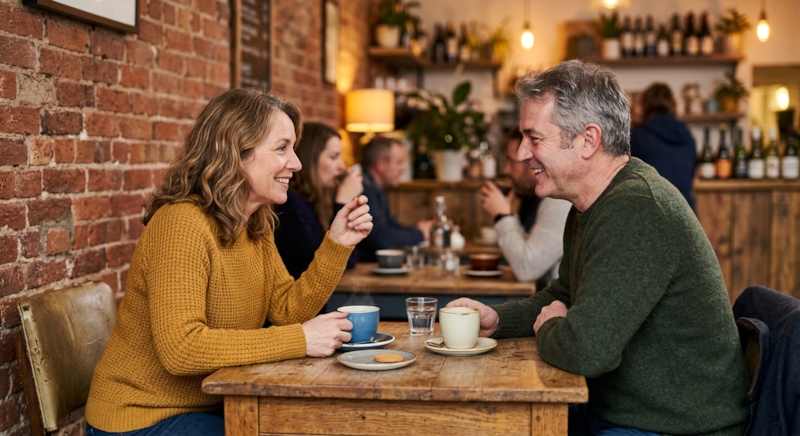 Two people having a warm conversation over coffee at a cosy cafe