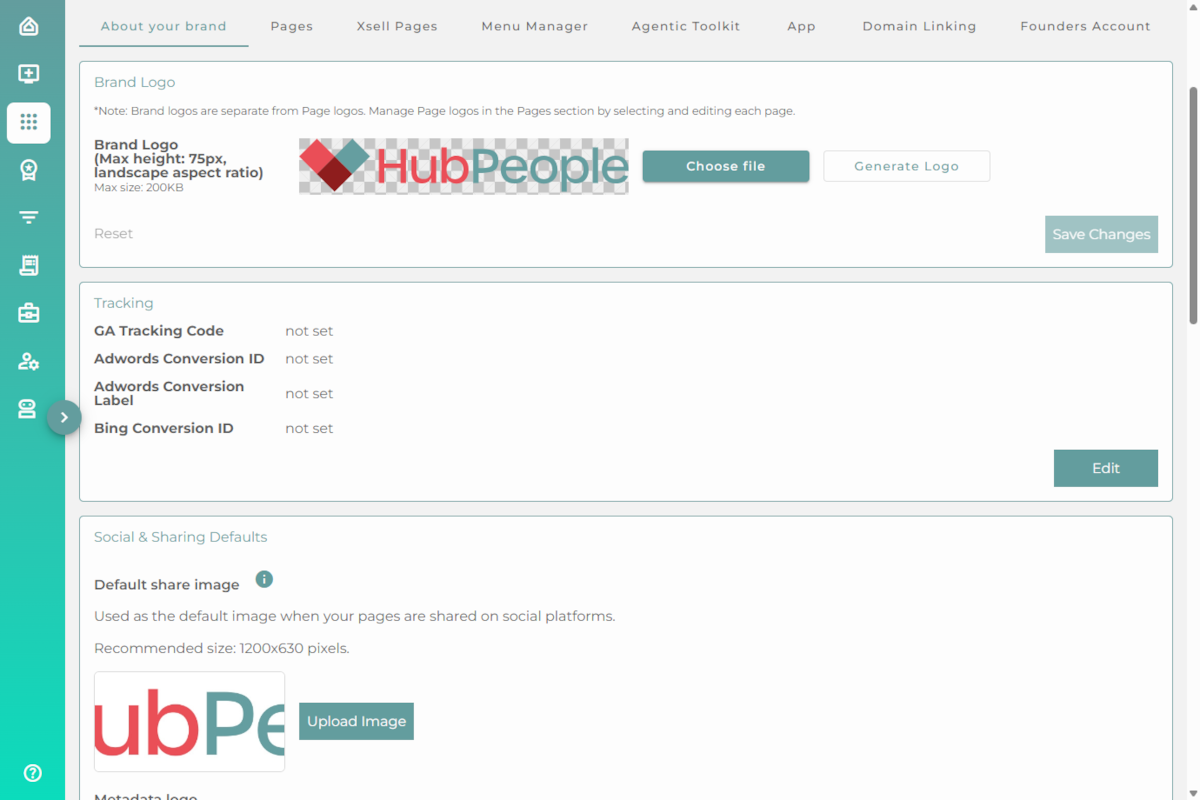 The About your brand tab showing the Brand Logo, Tracking, and Social and Sharing Defaults sections.