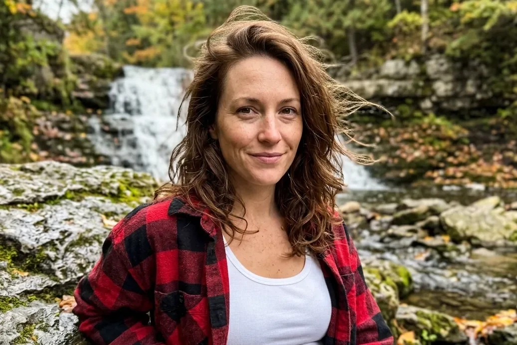 A woman with wavy chestnut hair, an open red flannel shirt and a white tank top sits on a mossy rock beside a waterfall in an autumn forest, looking straight at the camera with a calm half-smile (AI-generated image)