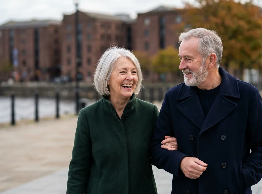 A woman in her mid sixties with short silver hair and a green wool coat laughs with a man in his late sixties with a grey beard and a navy pea coat on a riverside promenade in front of old red brick dock warehouses (AI-generated image)