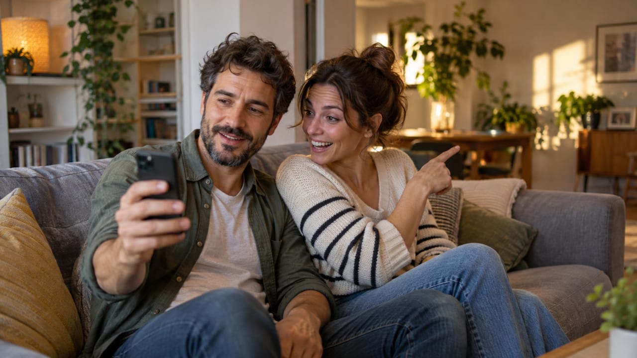 Una pareja revisa una fotografía en el móvil mientras uno señala algo al fondo de la habitación