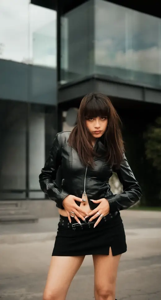 A woman in a leather jacket standing on a city street
