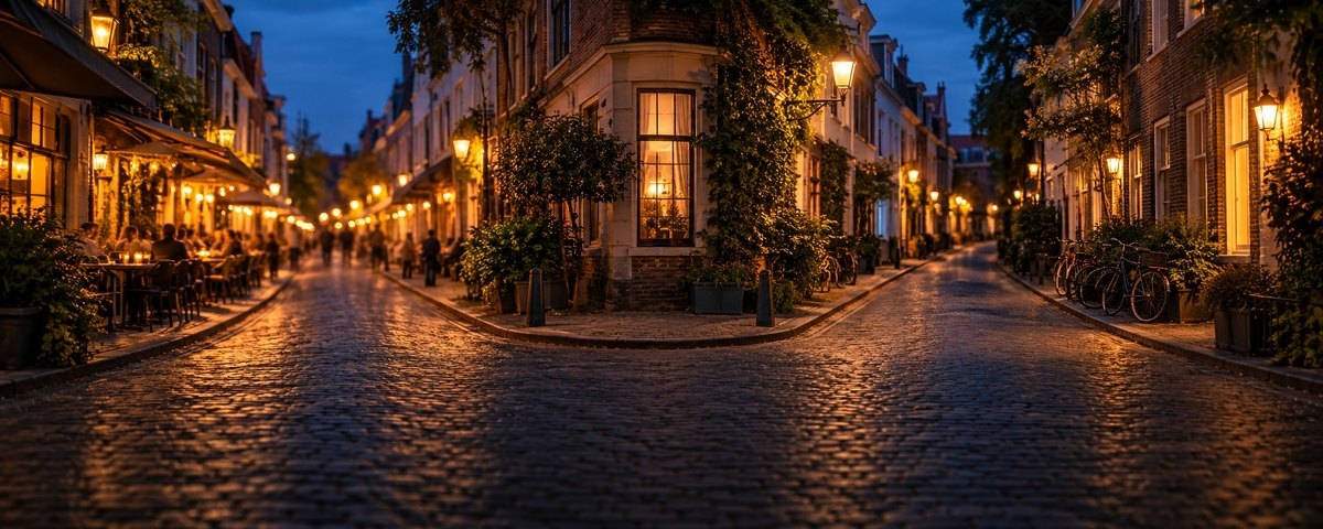 A street forking into two at dusk, one branch busy and lit, the other quieter and residential
