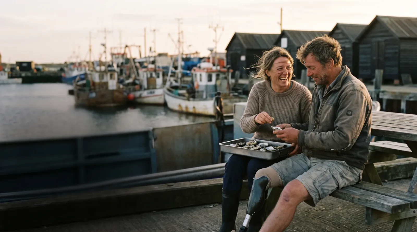 A couple sharing oysters on a bench by Whitstable harbour at golden hour; the man has a prosthetic leg