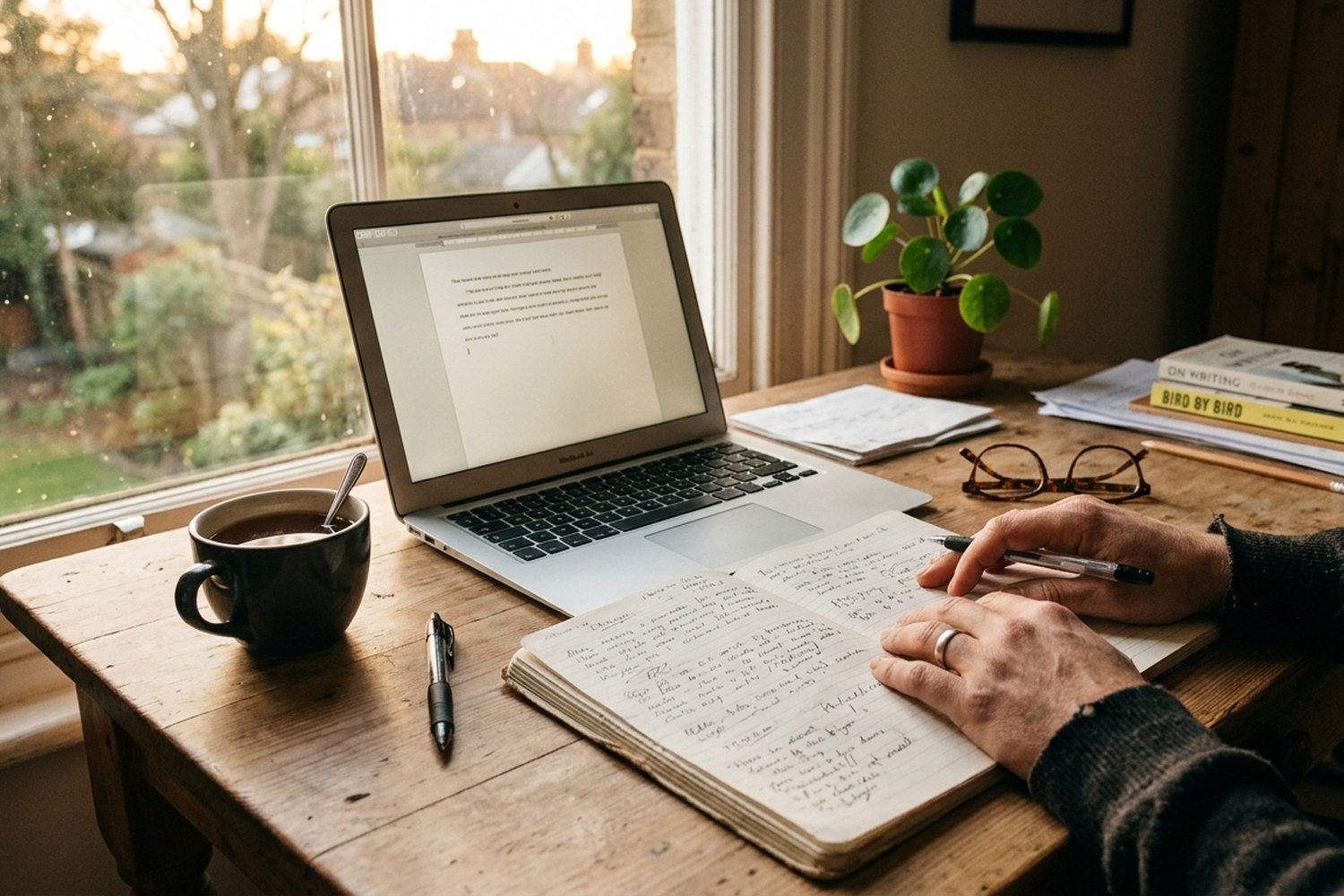 A writer's desk by a window with an open notebook, a laptop, a mug of tea and a houseplant in late afternoon light
