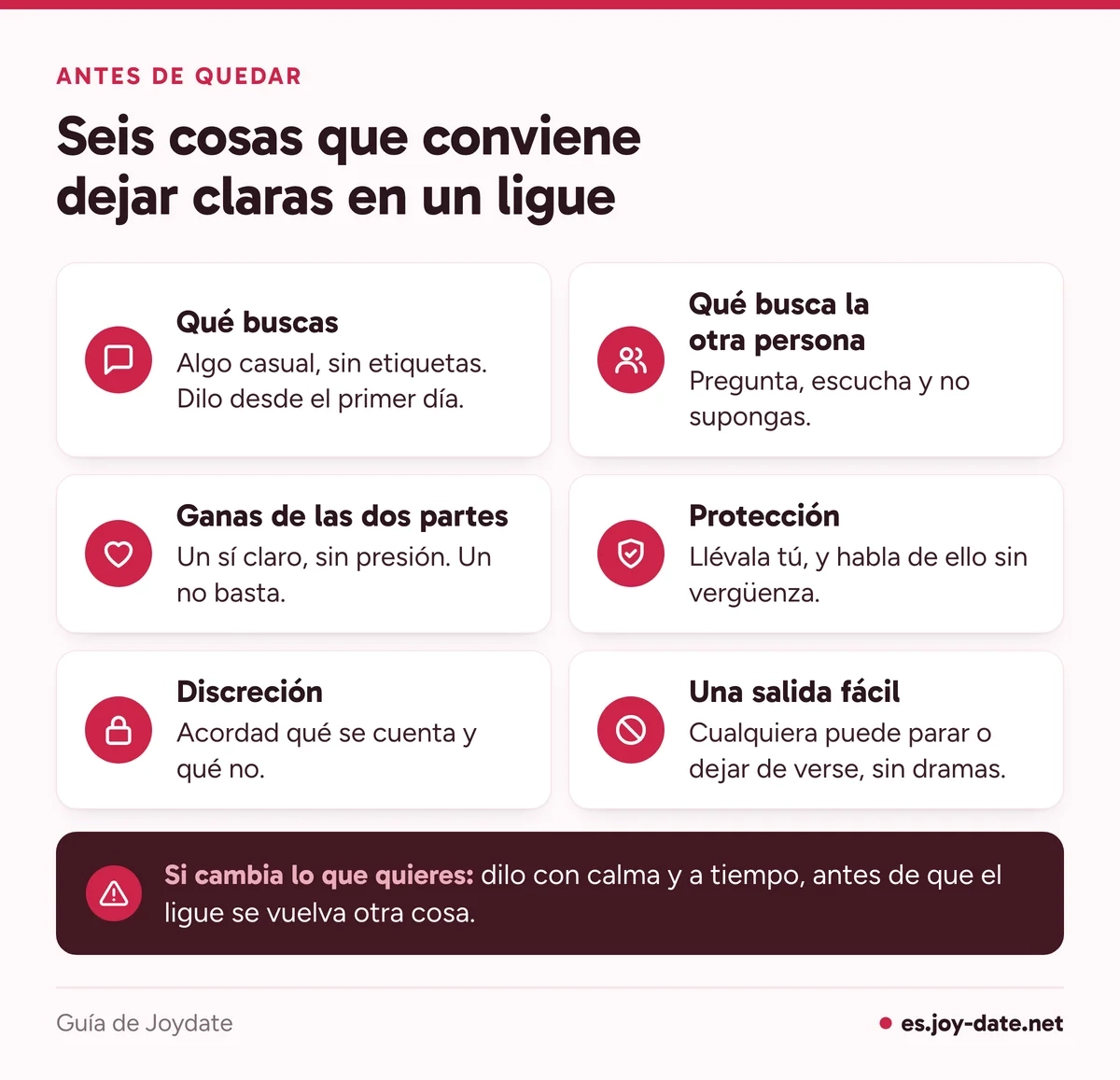 Seis cosas que conviene dejar claras en un ligue: qué buscas, qué busca la otra persona, el consentimiento, la protección, la discreción y la salida