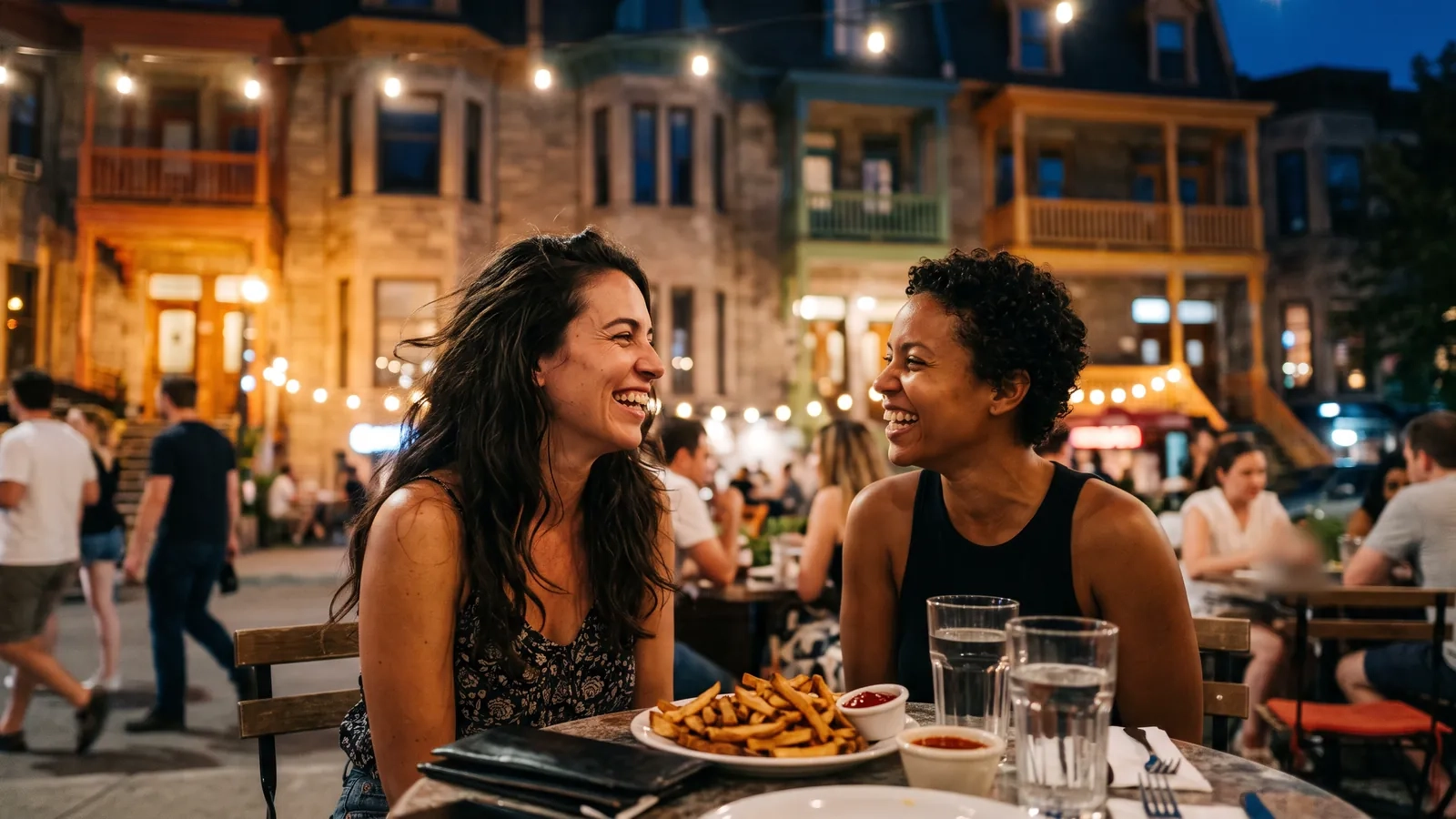 Two women laughing over fries at a terrace table on a summer night in Montreal's Latin Quarter (AI-generated image)