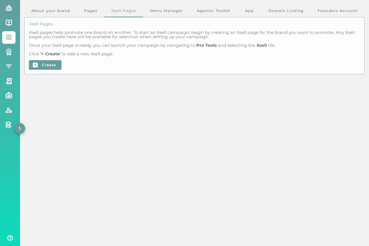 The Xsell Pages tab explaining cross-sell pages with a Create button.