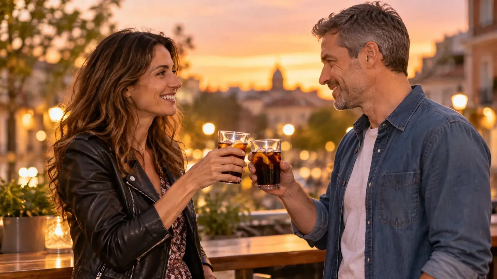 Dos personas adultas brindan sonrientes con dos refrescos en una terraza al atardecer
