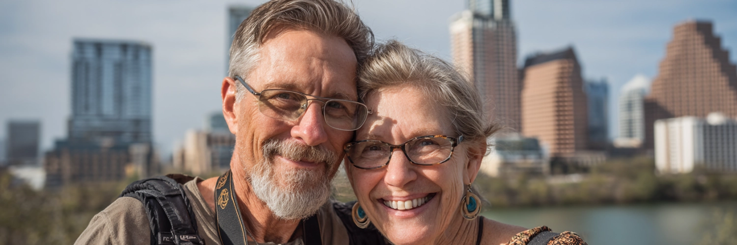 A vibrant sunset over Austin, showcasing the excitement of dating in the city with a backdrop of iconic landmarks.