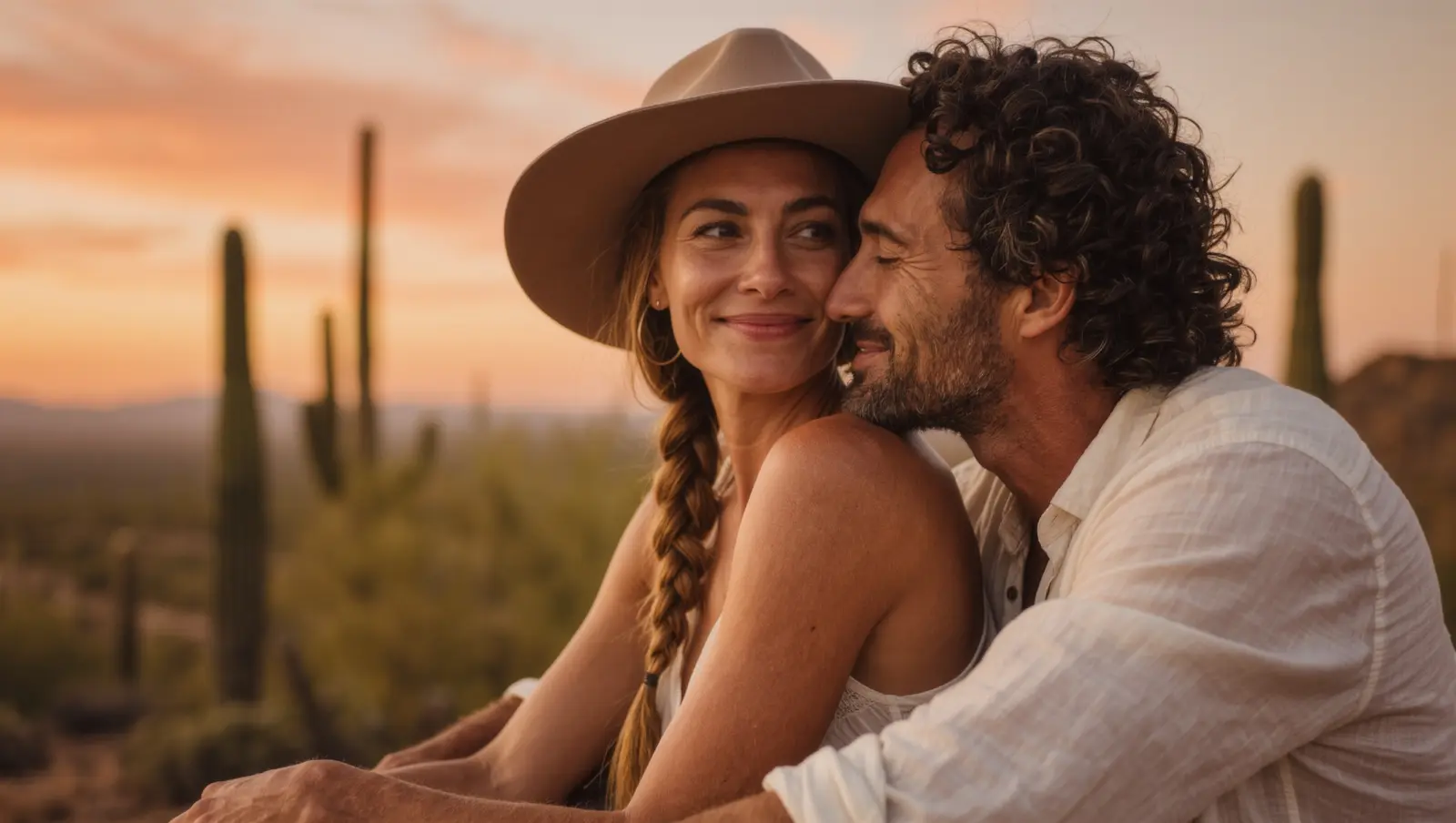 A couple close together at a desert viewpoint at sunset, saguaro cacti behind them