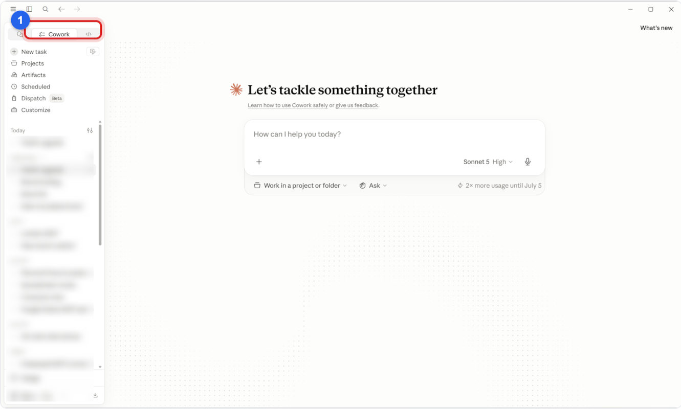 An older version of the Claude desktop app with the sidebar expanded, showing a separate Cowork toggle at the top of the sidebar.