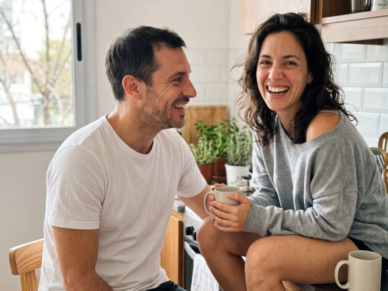 Un hombre y una mujer se ríen juntos en la cocina con dos tazas de café, ella sentada en la encimera con una sudadera gris (imagen generada por IA)